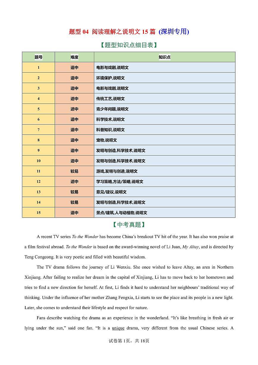 2026年中考英语总复习-题型04 阅读理解之说明文15篇（深圳专用）（中考典例+热点话题练）（原卷版）第1页