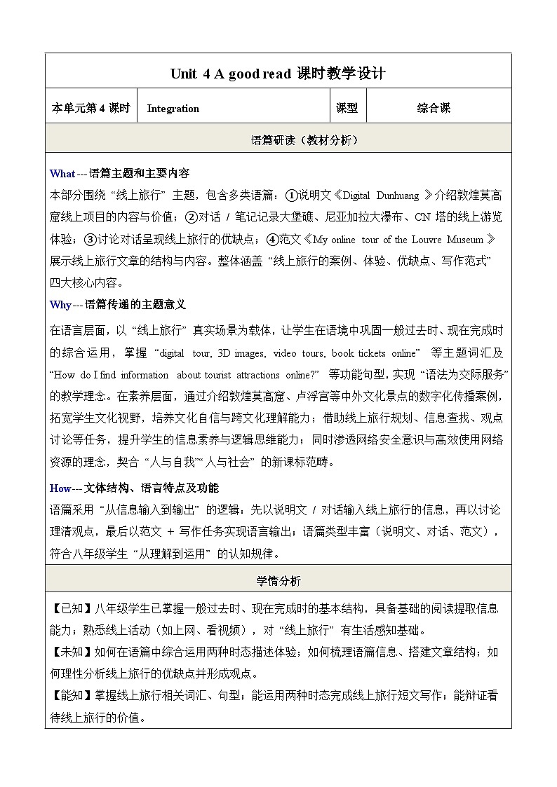 译林版（2024）八年级下册英语Unit 4 A good read  Integration 教学设计（表格式）第1页