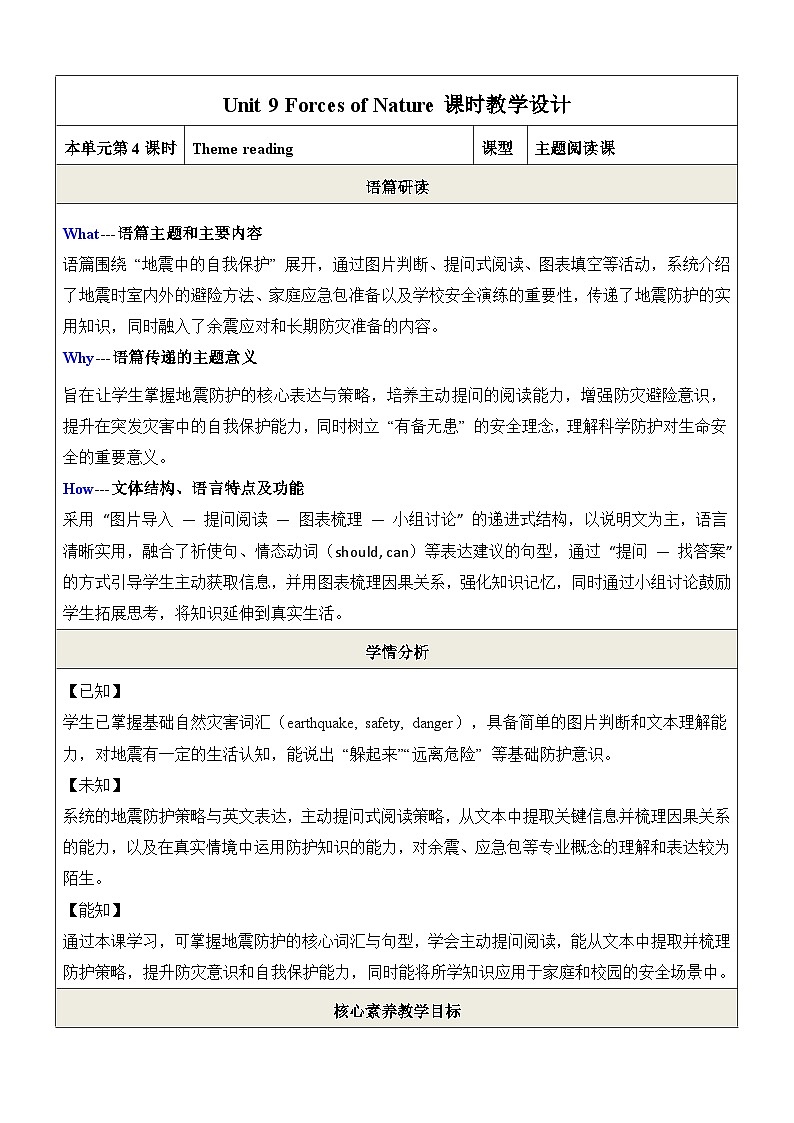 仁爱科普版（2024）八年级下册英语Unit 9 Forces of Nature Theme reading教学设计（表格式）第1页
