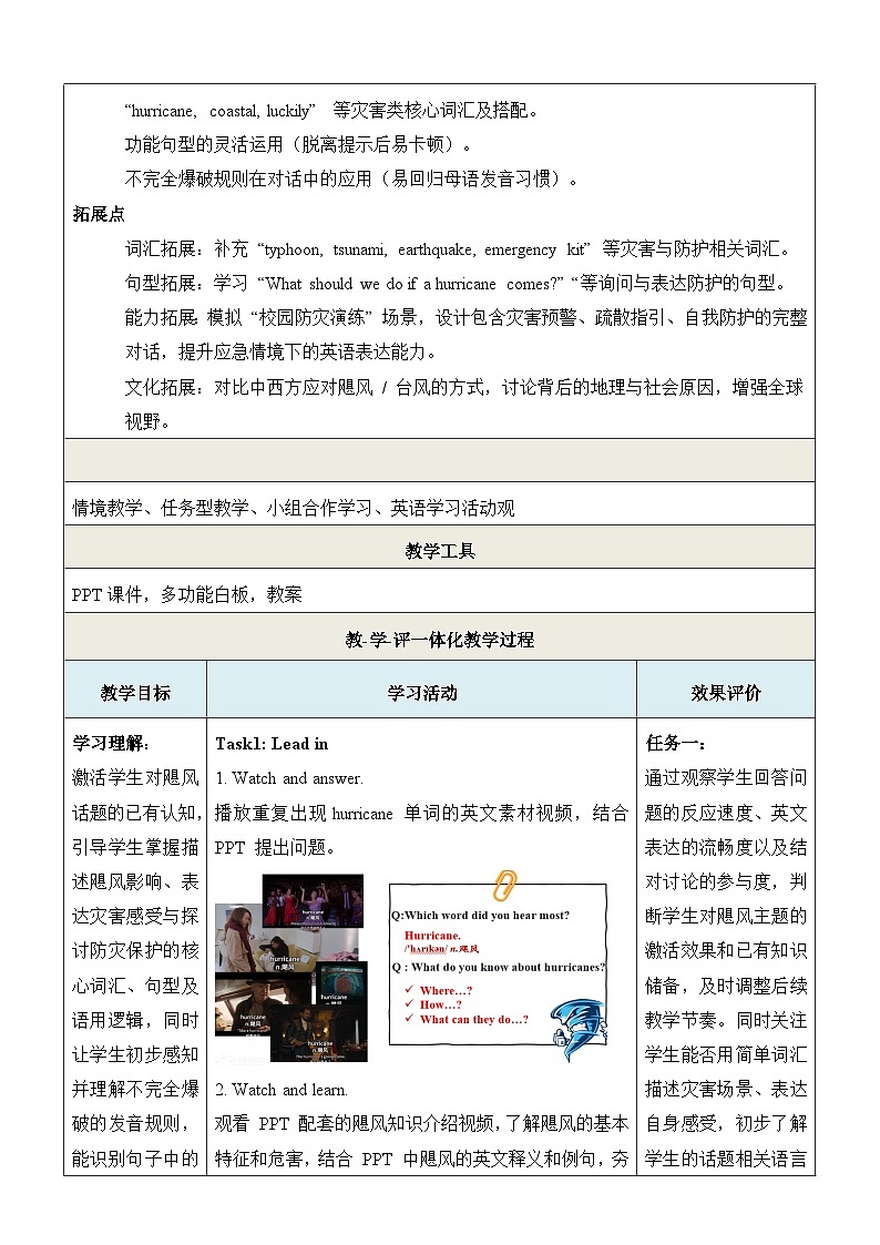 仁爱科普版（2024）八年级下册英语Unit 9 Forces of Nature Function & Pronunciation 教学设计（表格式）第3页