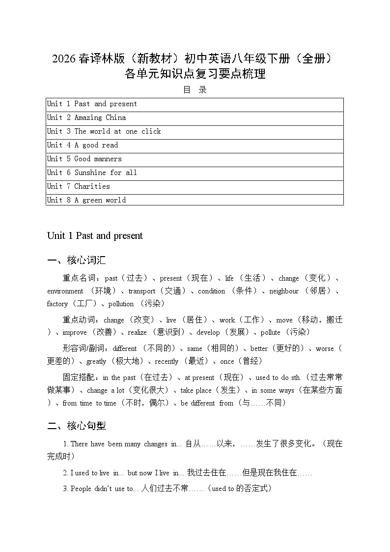 2026春译林版（新教材）初中英语八年级下册（全册）各单元知识点复习要点梳理第1页