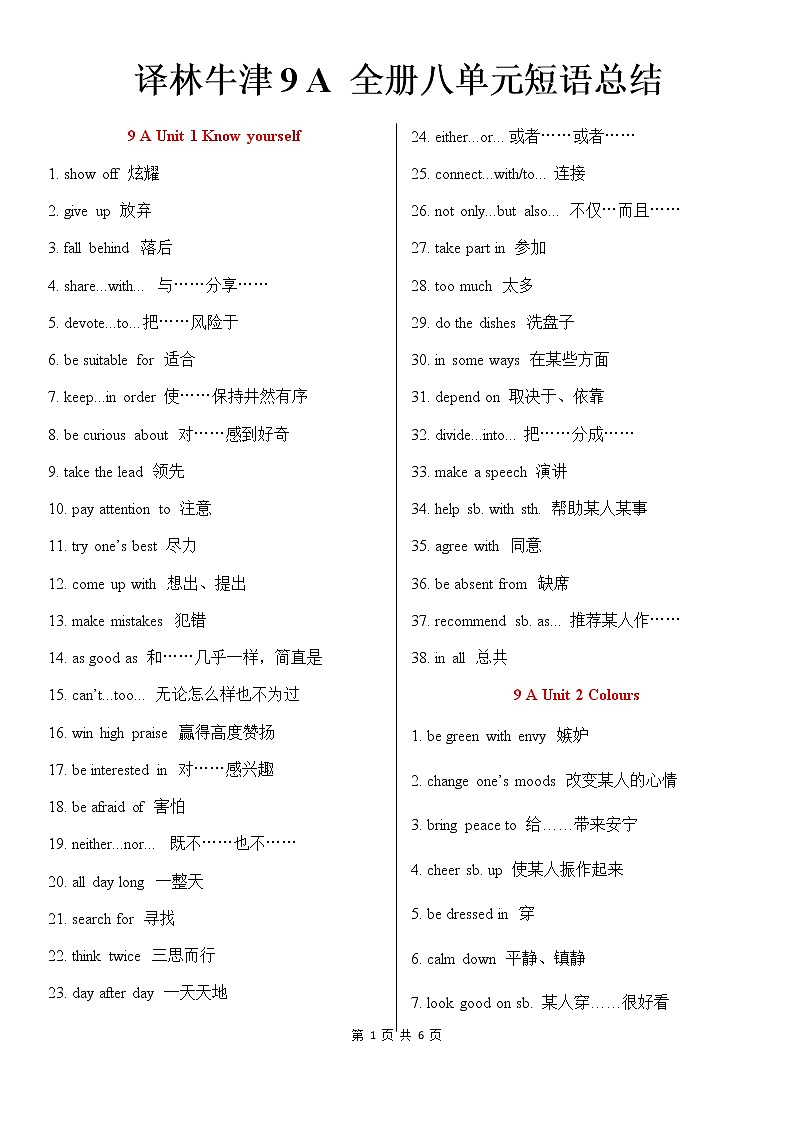 译林牛津9A 全册八单元短语总结 教案01