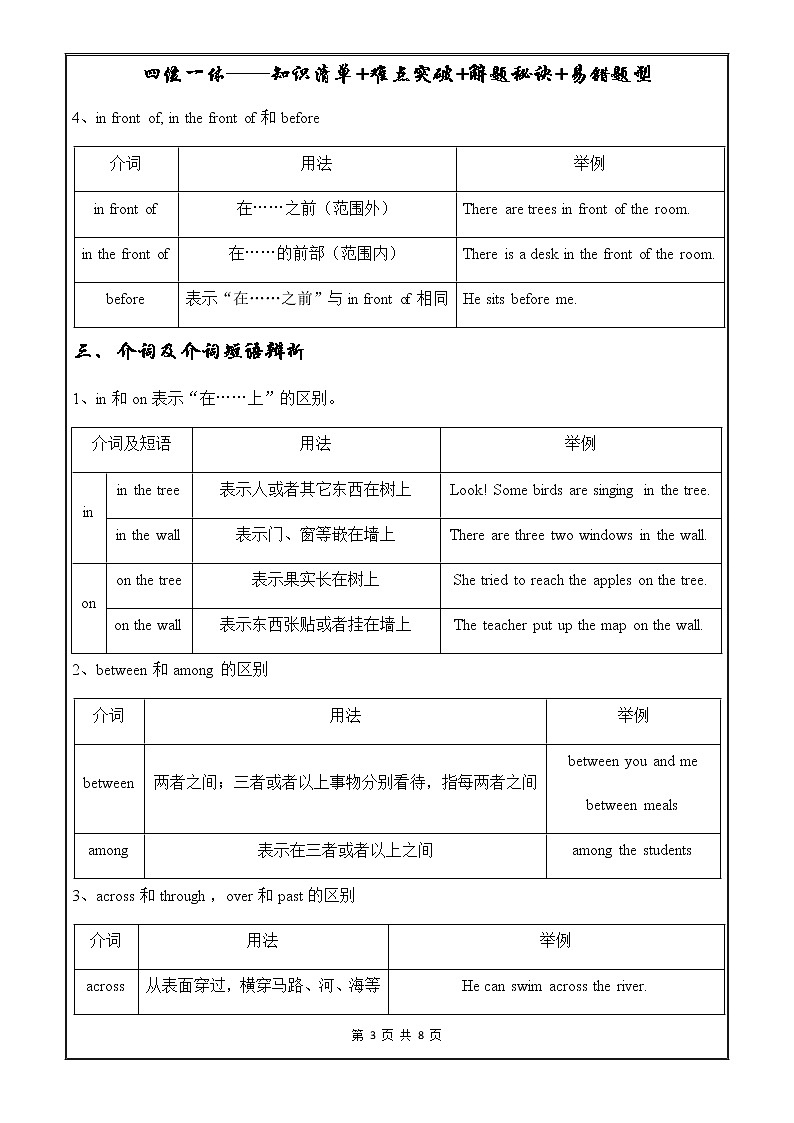 中考英语语法一点通——介词 教案03