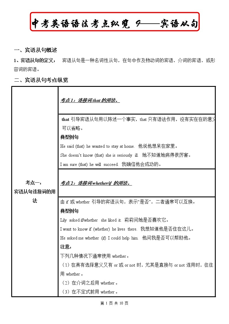 中考英语语法考点纵览 9——宾语从句第1页