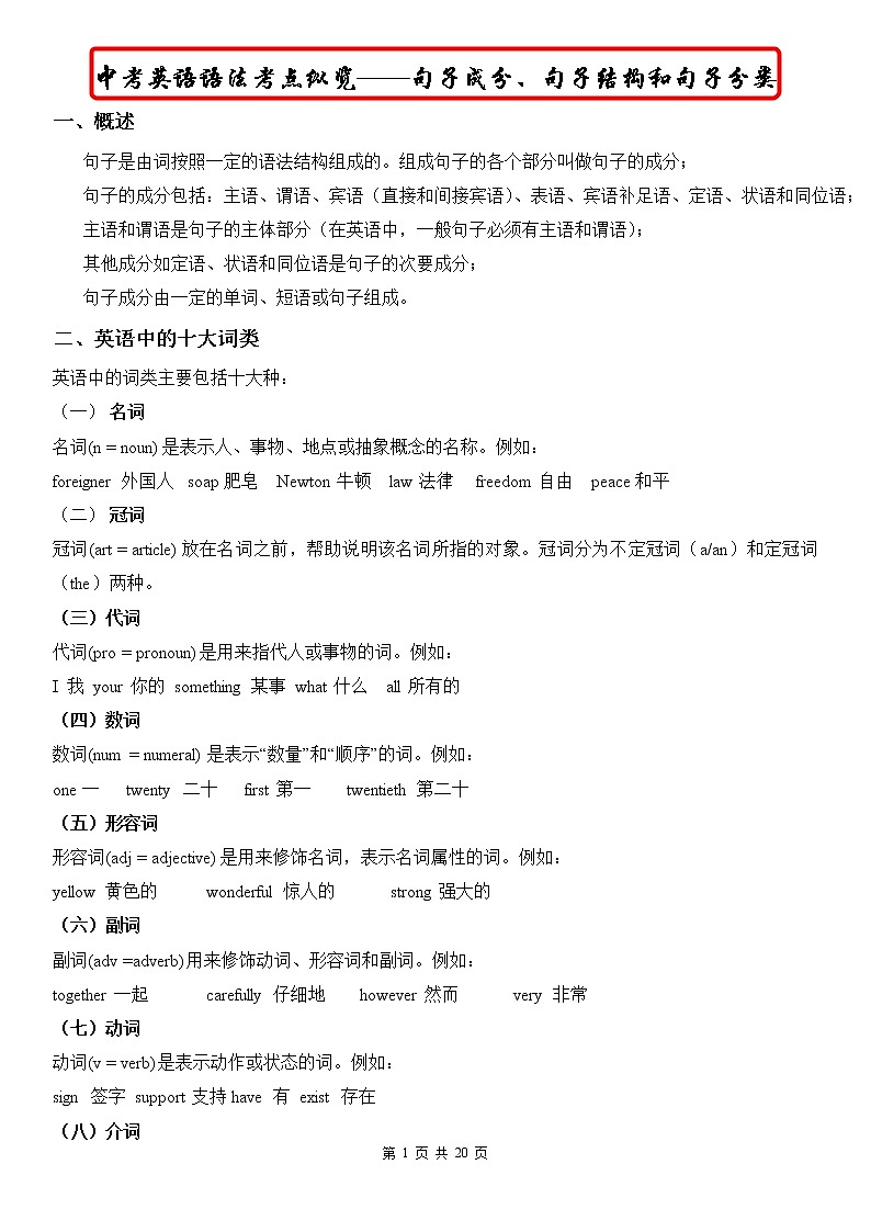 中考英语语法考点纵览 15——句子成分、句子结构和句子分类 教案01