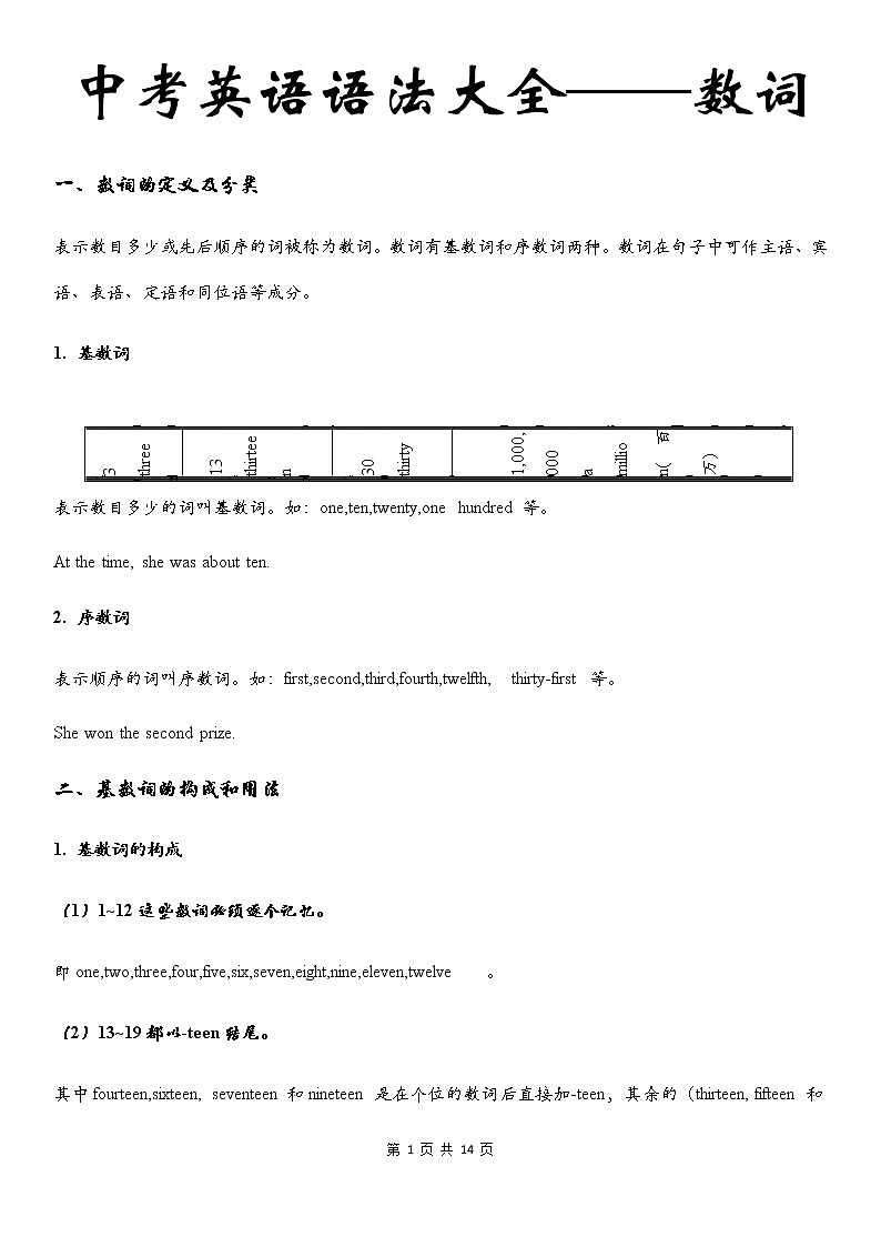 中考英语语法大全——数词 教案01