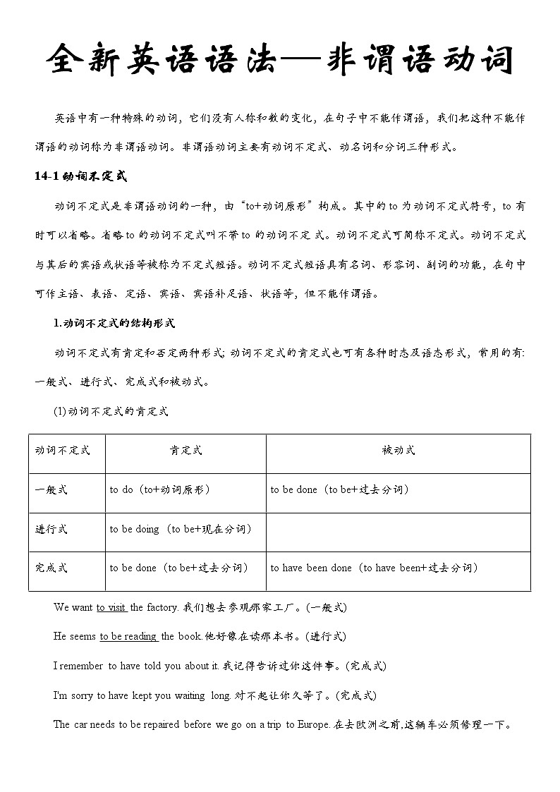 全新英语语法讲义——非谓语动词第1页