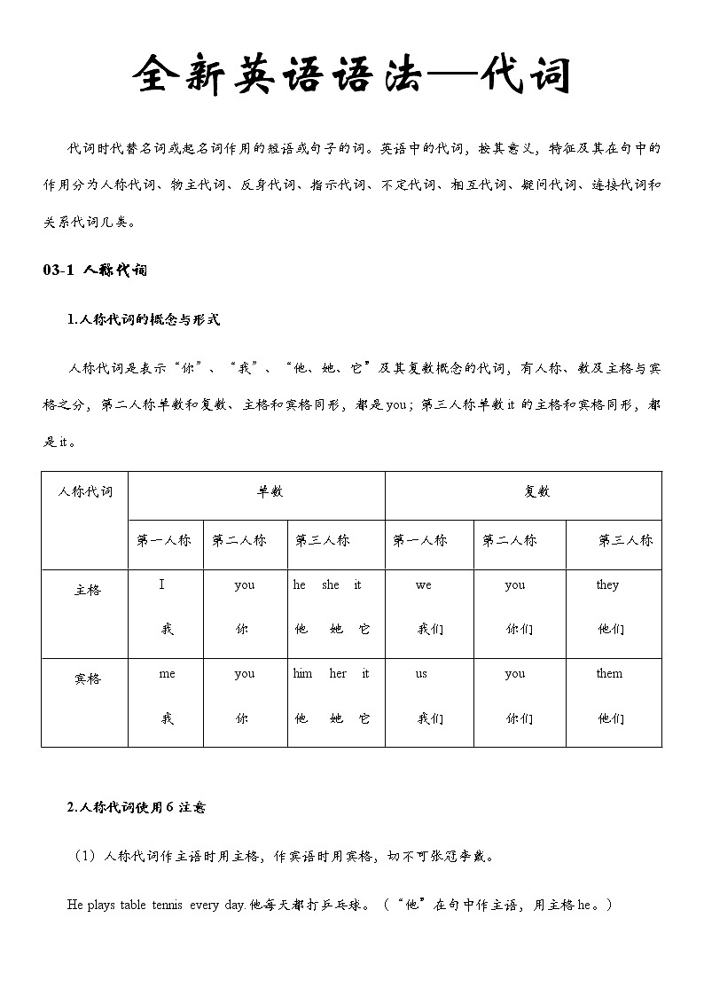 全新英语语法讲义——代词第1页