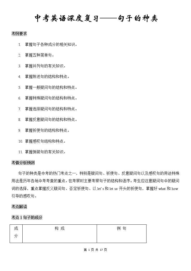中考英语深度复习讲义——句子的种类第1页