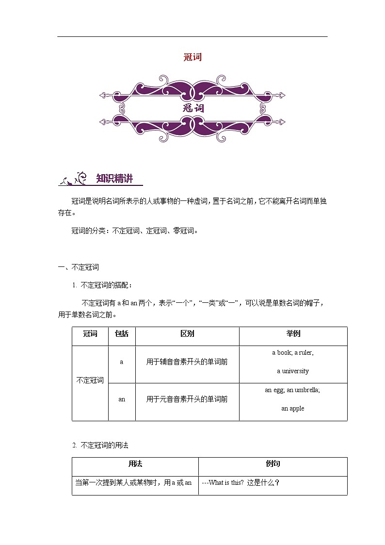 中考英语专题讲练： 冠词（含解析）01