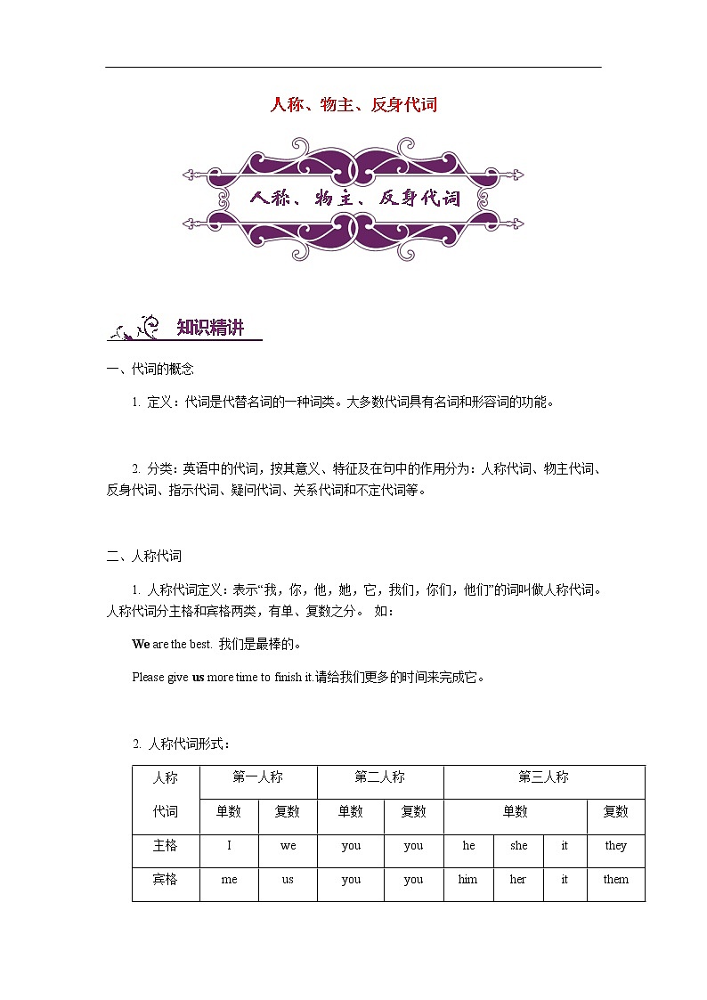 中考英语专题讲练： 人称、物主、反身代词（含解析）第1页