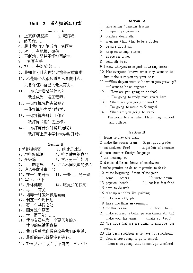 Unit 2 I’m going to study computer science. 单元重点短语，句型 学案01