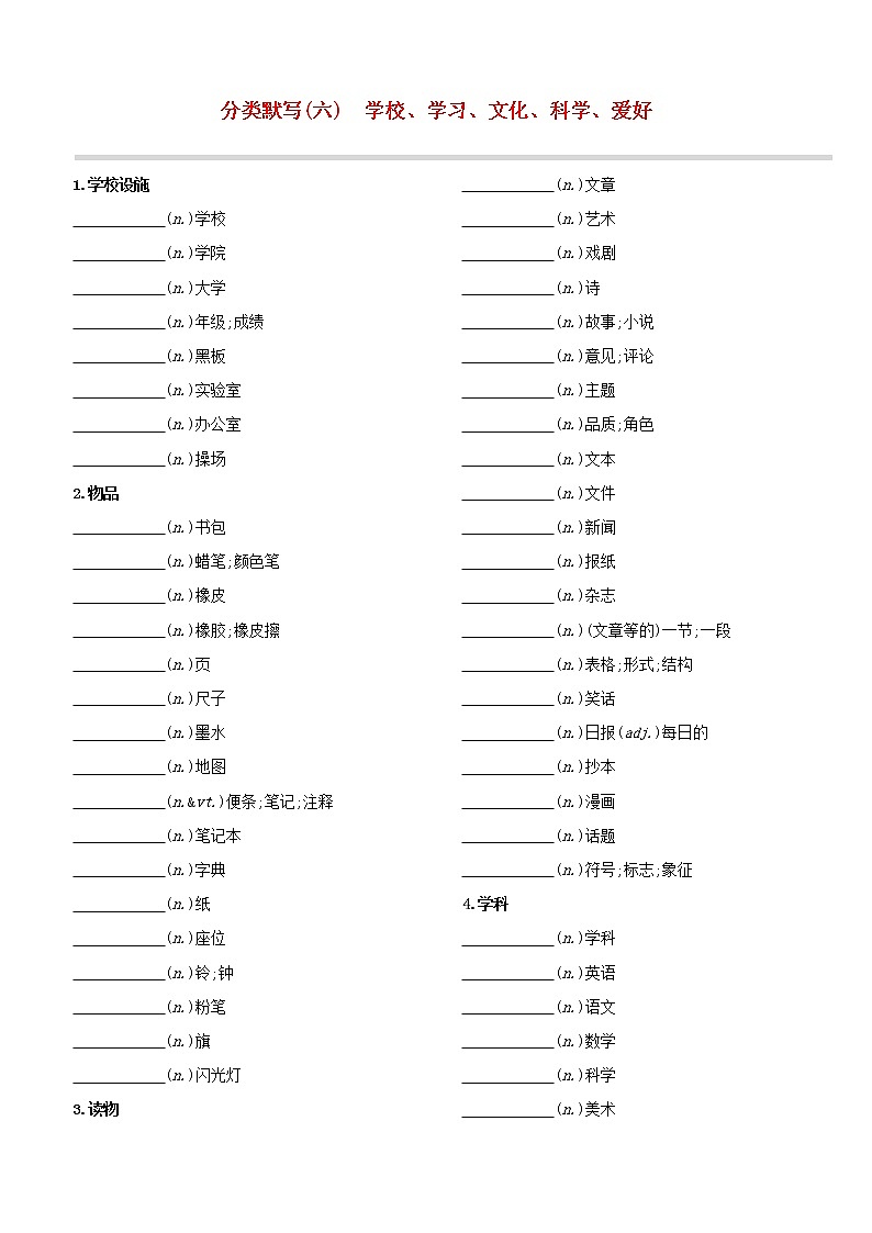 （杭州专版）2020中考英语复习方案分类默写06学校、学习、文化、科学、爱好试题人教新目标版第1页