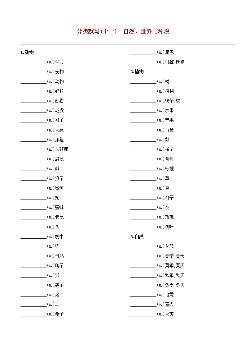 （杭州专版）2020中考英语复习方案分类默写11自然、世界与环境试题人教新目标版第1页