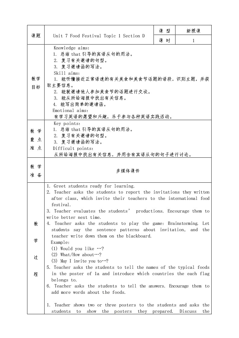 Unit 7 Food Festival Topic 1 Section D 教案01