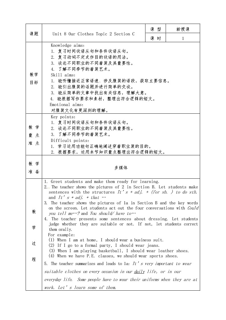 Unit 8 Our Clothes Topic 2 Section C 教案01