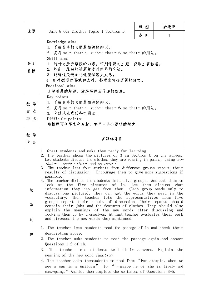 Unit 8 Our Clothes Topic 1 Section D 教案01