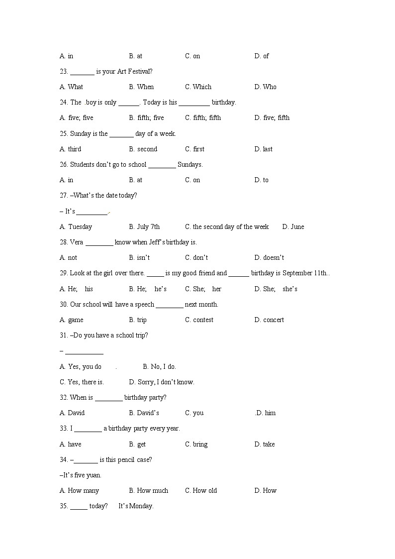 人教版 七年级上册Unit 8 When is your birthday 基础知识检测（含答案）02