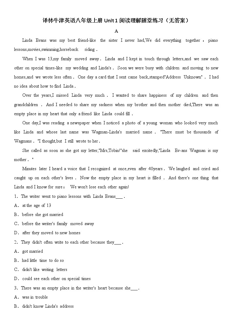 译林牛津英语八年级上册Unit 1阅读理解随堂练习（无答案）01