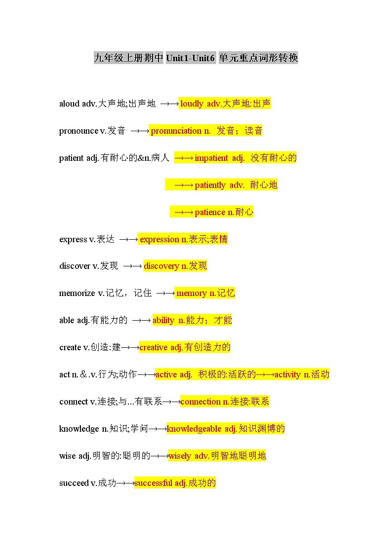 2020人教版九年级上册期中Unit1-Unit6单元重点词形转换 学案01