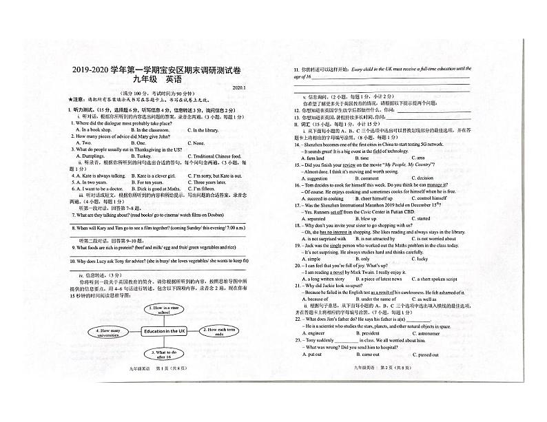 广东省深圳市宝安区2020届九年级上学期期末调研测试英语试题（扫描版，无答案）第1页