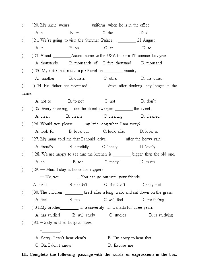 2021上海廊下中学七上英语期中检测卷word版有答案03