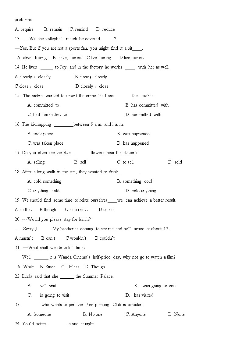 译林牛津英语九年级上册【期末复习】单项选择题专项练习（无答案）02