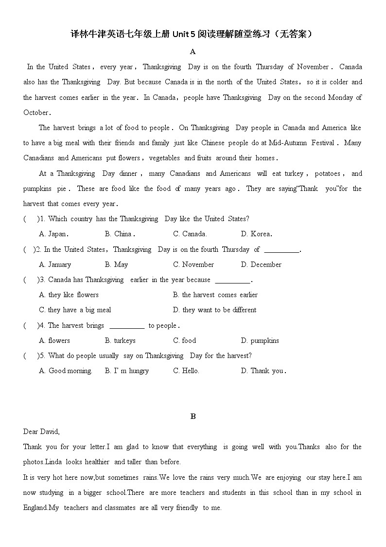 译林牛津英语七年级上册Unit 5阅读理解随堂练习（无答案）01