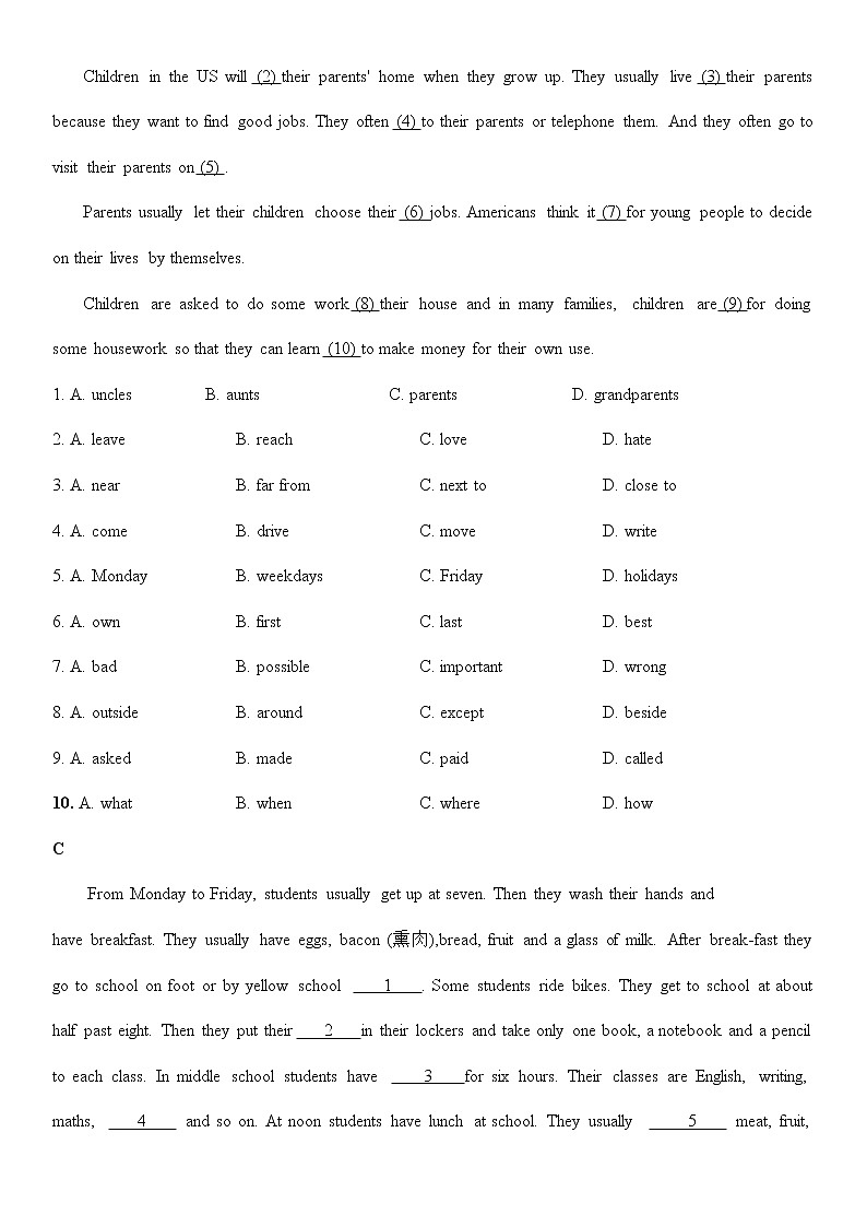 译林牛津英语七年级上册Unit 7完形填空随堂练习（无答案）02