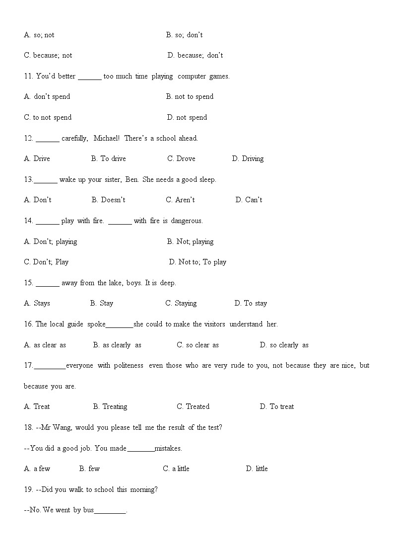 译林牛津英语八年级上册Unit 4单项选择题随堂练习（无答案）02
