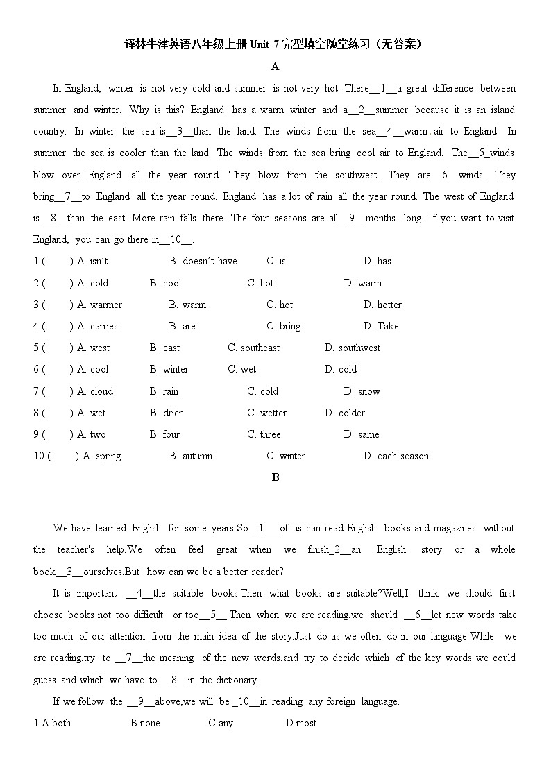 译林牛津英语八年级上册Unit 7完形填空随堂练习（无答案）01