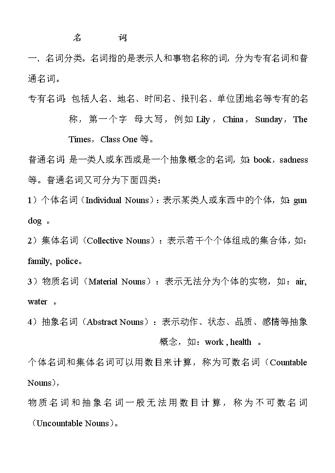 初中英语语法复习：名词 学案01