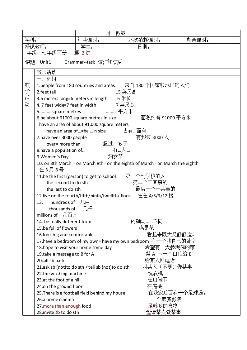 牛津译林版英语七年级下册Unit1    Grammar--task 讲义 配习题（无答案）01