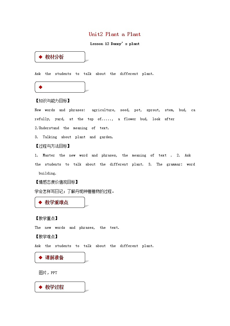 （冀教版）八年级英语下册第二模块Lesson 12 Danny’s plant精品教案01
