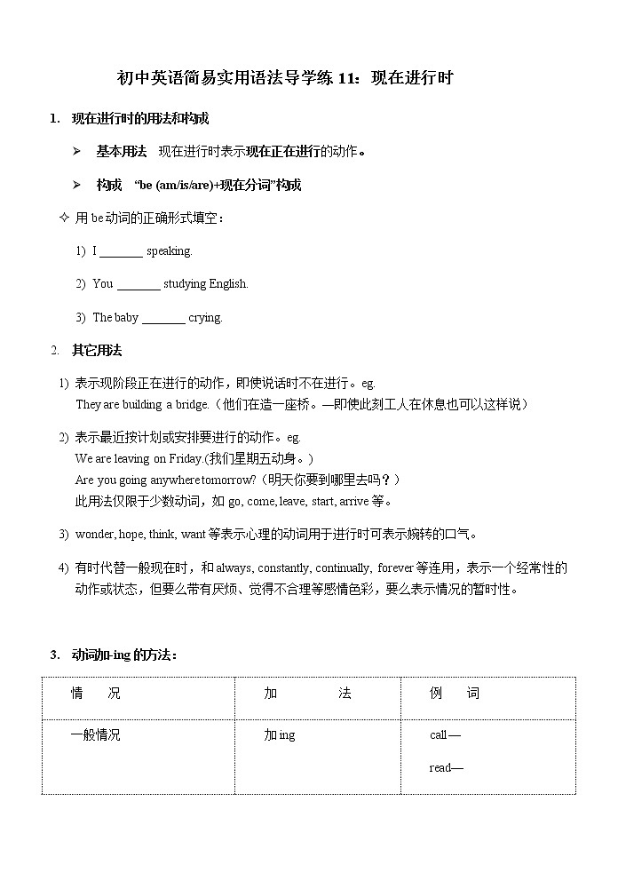 初中英语简易实用语法导学练11：现在进行时01