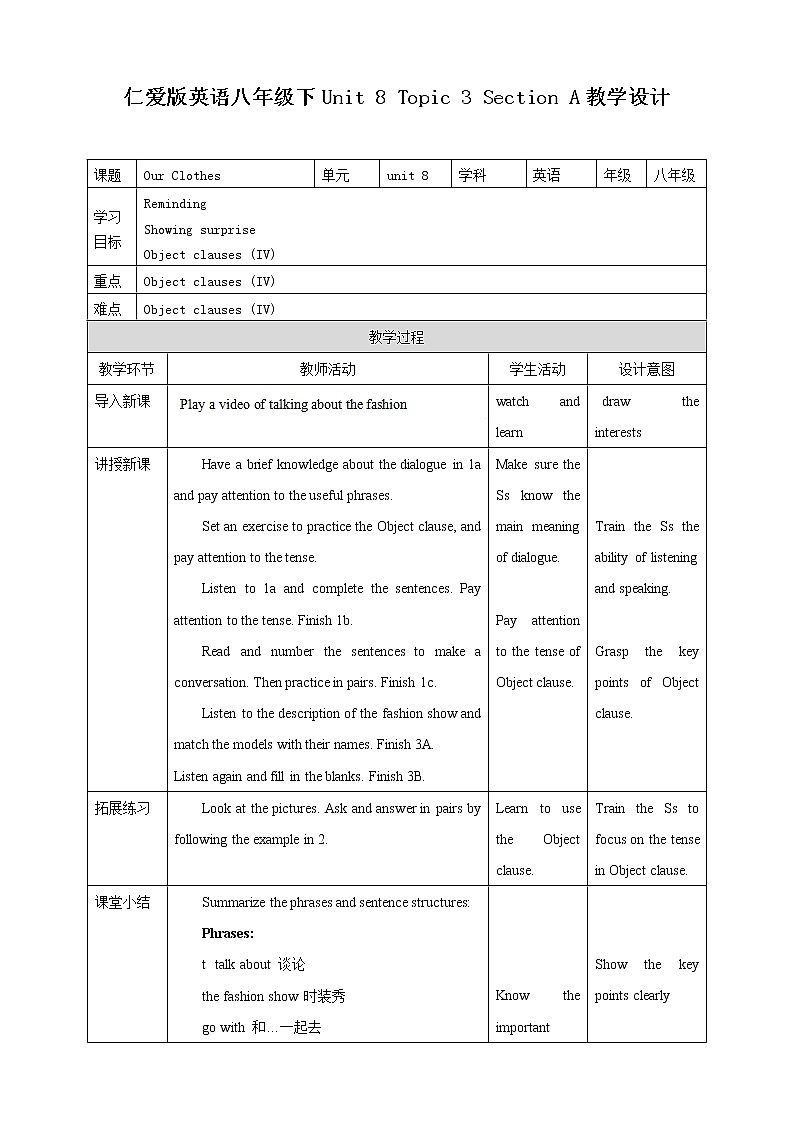 Unit 8 Our Clothes Topic 3  He said the fashion show was wonderful.Section A 课件+教案+练习+音视频01