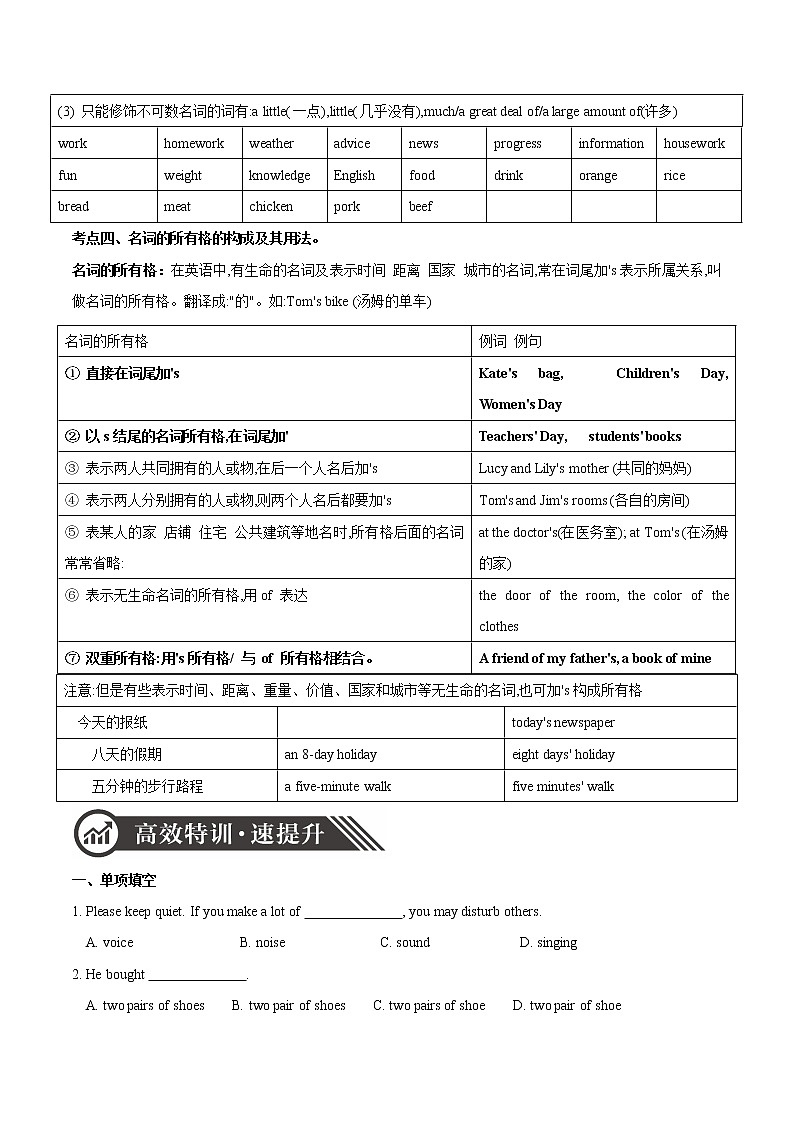 专题01 名词  备战2020年中考英语语法专题加餐练02