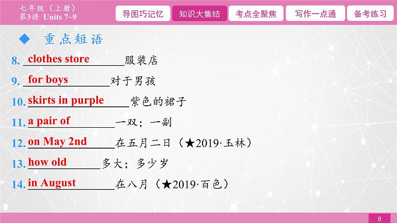 2021届中考复习人教版第一篇第一部分第3讲七年级上册Units 7~9 课件08