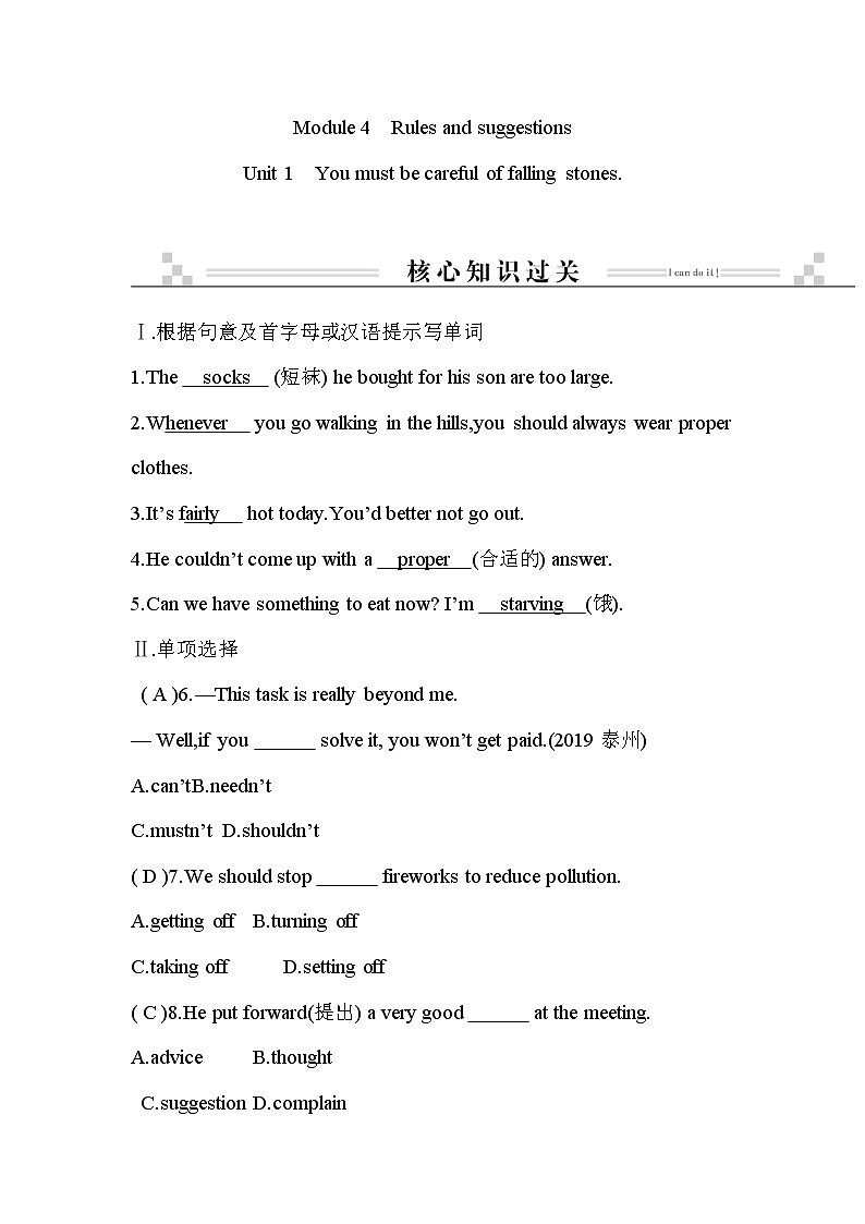 2021春外研版英语同步训练九年级下册Module 4 Rules and suggestions Unit 1 You must be careful of falling stones01