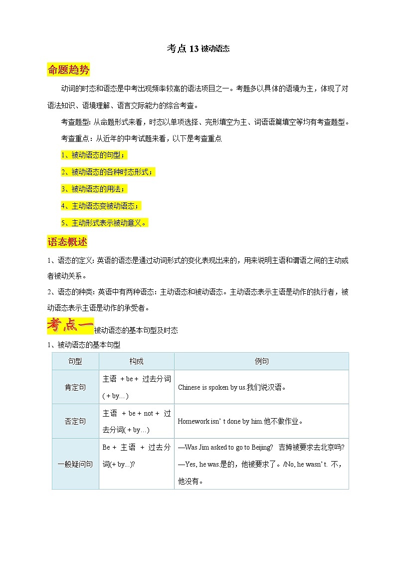 中考英语语法考点13——被动语态第1页