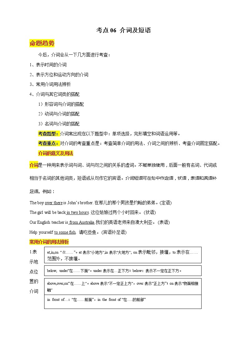 中考英语语法考点06——介词及短语01