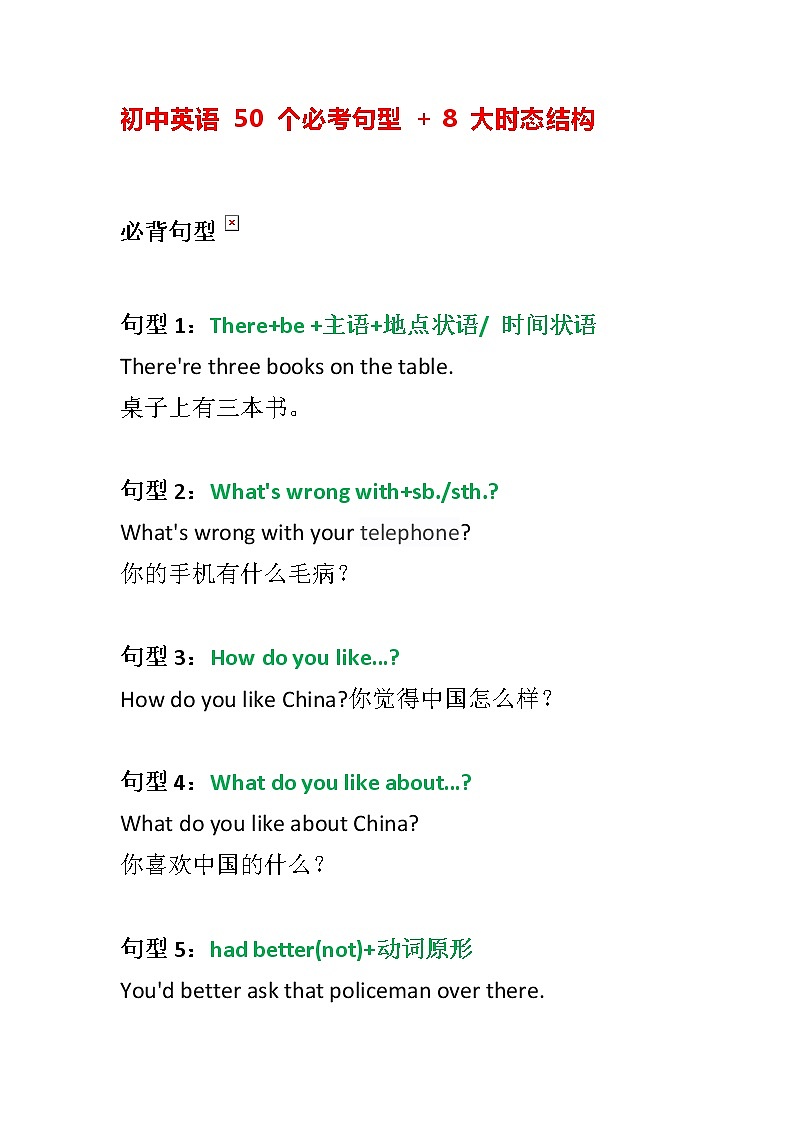 初中英语 50 个必考句型 + 8 大时态结构(1)第1页