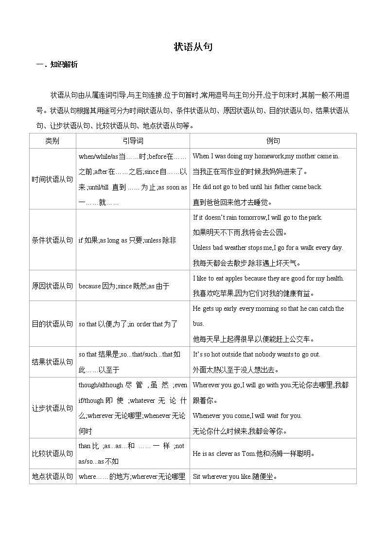 人教新目标九年级寒假英语专题05 状语从句01