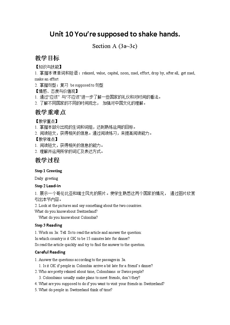 人教版九年级英语Unit 10 Section A (3a~3c)教案01