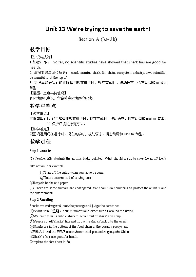 人教版九年级英语Unit 13 Section A (3a~3b)教案01