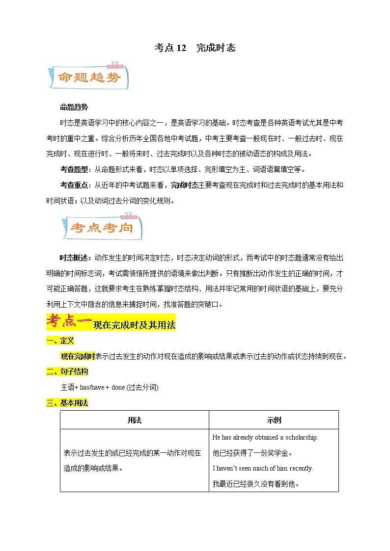 2021年中考英语总复习专题.12 完成时态（考点详解）01
