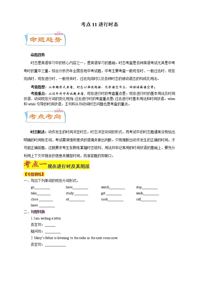 2021年中考英语总复习专题11. 进行时态（考点专练）01