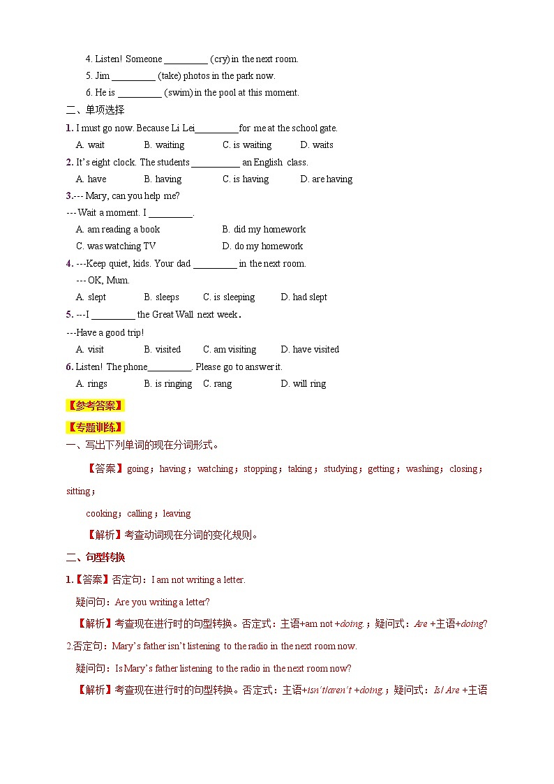 2021年中考英语总复习专题11. 进行时态（考点专练）03