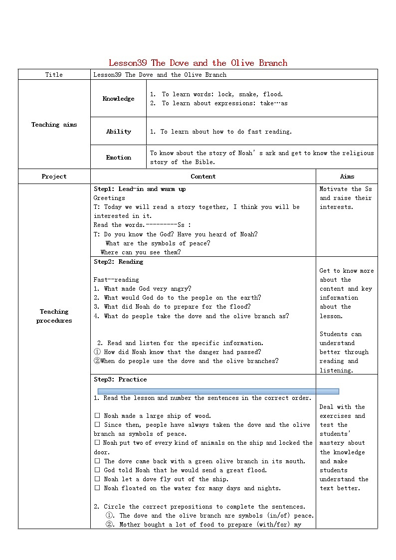 九年级英语下册 Unit 7 Lesson 39 The Dove and the Olive Branch教学设计01