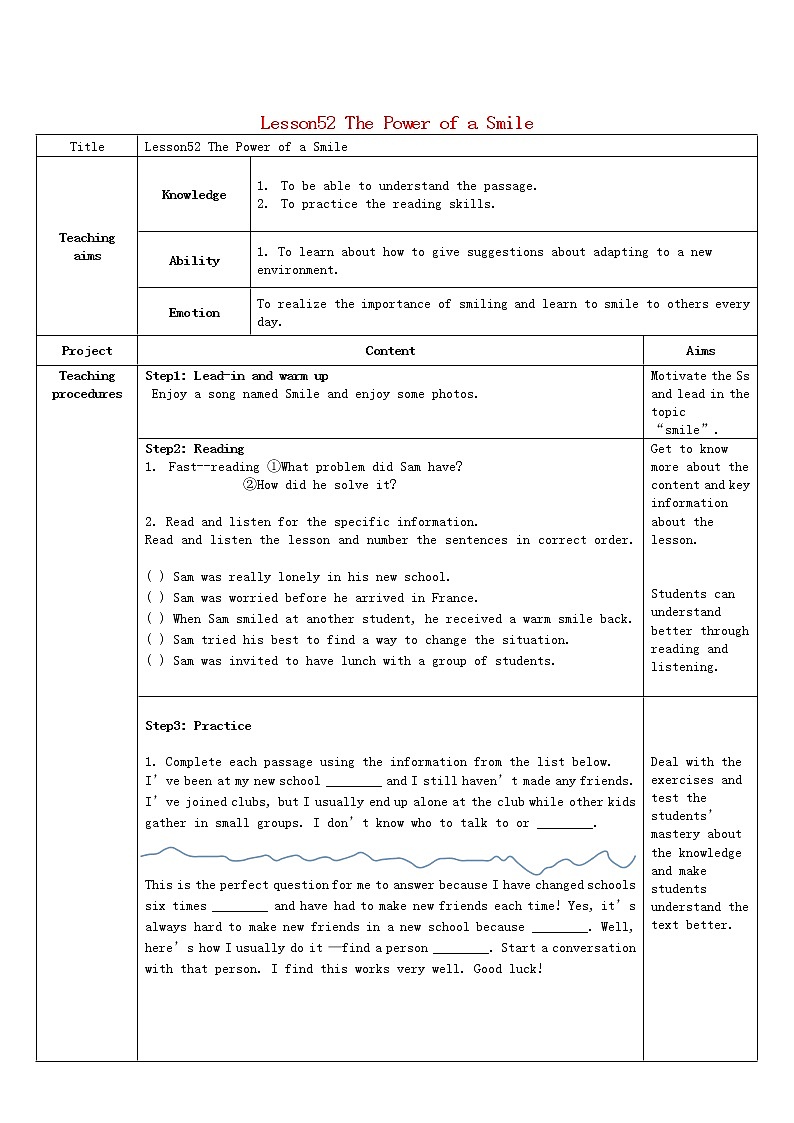 九年级英语下册 Unit 9 Lesson 52 The Power of a Smile教学设计01